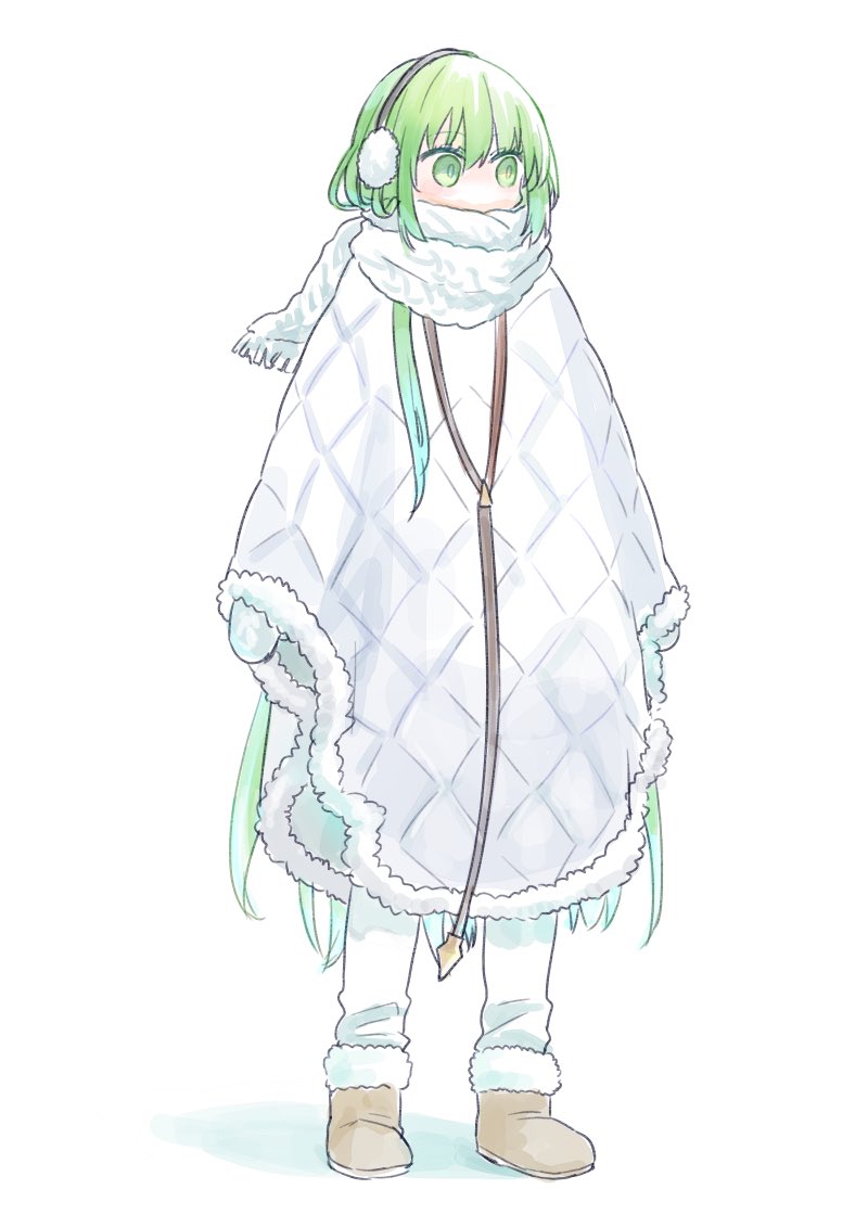 1other androgynous boots brown_boots cloak commentary_request earmuffs enkidu_(fate) fate/strange_fake fate_(series) full_body fur-trimmed_boots fur_cloak fur_trim green_eyes green_hair himeko_(nico6v6pachi) long_hair mittens other_focus pants scarf scarf_over_mouth solo very_long_hair white_mittens white_pants white_scarf