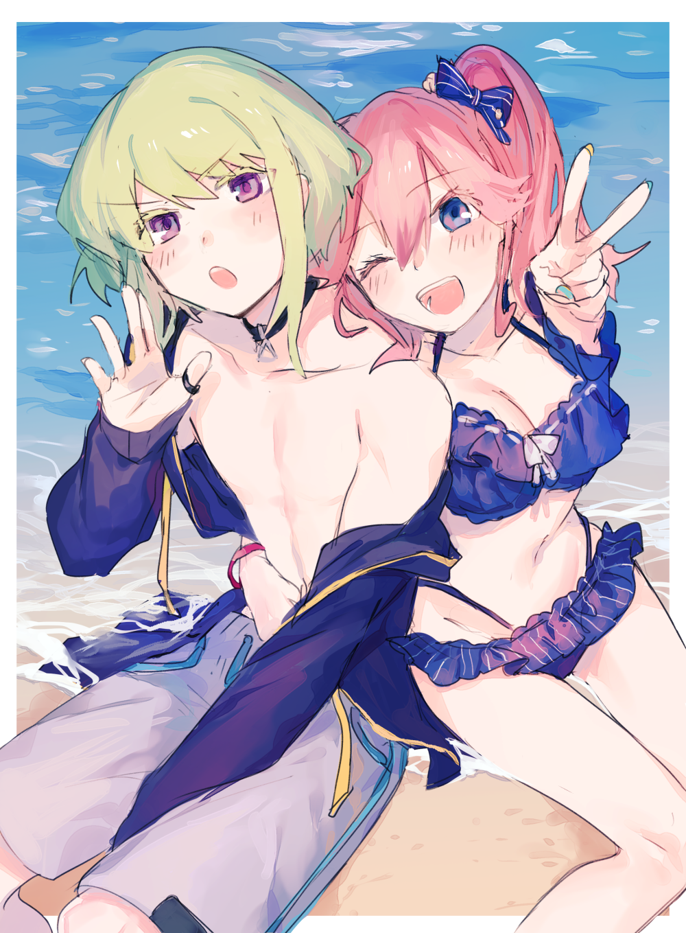 1boy 1girl :d :o aina_ardebit alternate_costume beach bikini bikini_skirt black_choker black_jacket blonde_hair blue_bikini blue_bow blue_eyes border bow bracelet breasts choker frilled_bikini frills grey_male_swimwear highres jacket jewelry large_breasts light_blush lio_fotia male_swimwear moegi0926 nail_polish no_shirt ocean one_eye_closed open_clothes open_jacket open_mouth pendant_choker pink_hair promare purple_eyes short_hair side_ponytail sidelocks sitting smile swim_trunks swimsuit thumb_ring trap v v-shaped_eyebrows white_border