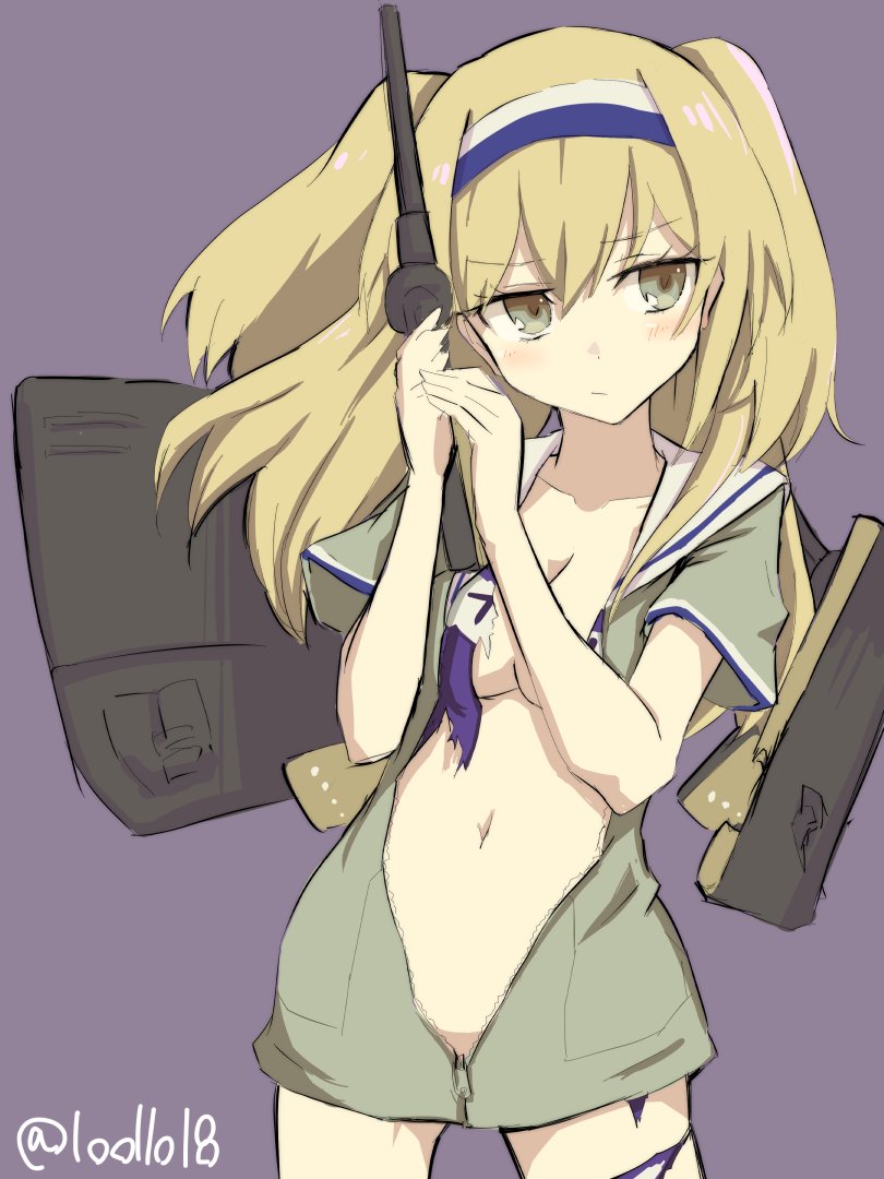 10011018 1girl blonde_hair blue_one-piece_swimsuit blush breasts closed_mouth gun hair_between_eyes hairband holding holding_gun holding_weapon i-26_(kancolle) kantai_collection long_hair medium_breasts one-hour_drawing_challenge one-piece_swimsuit open_clothes partially_unzipped rigging sailor_collar short_sleeves simple_background solo swimsuit torn_clothes torn_swimsuit twitter_username weapon white_sailor_collar zipper_pull_tab
