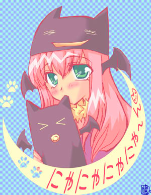 1girl 2000s_(style) alchemist_(ragnarok_online) black_hat black_wings blue_background blue_eyes blush checkered_background commentary_request creature demon demon_wings deviruchi deviruchi_hat fur_collar hat hato_aria head_wings long_hair looking_at_viewer lowres paw_print pink_hair ragnarok_online solo translation_request upper_body wings
