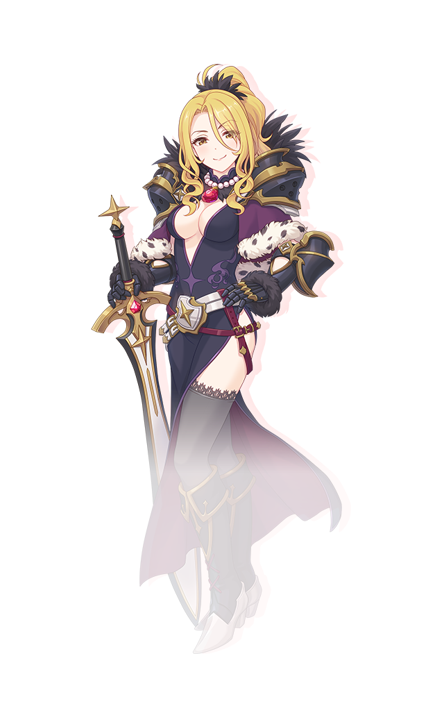 1girl arm_guards armor armored_gloves bead_necklace beads belt black_dress black_thighhighs blonde_hair breasts capelet christina_(princess_connect!) cleavage cleavage_cutout closed_mouth clothing_cutout dress drop_shadow eyes_visible_through_hair full_body fur-trimmed_capelet fur_trim hand_on_own_hip high_heels high_ponytail holding holding_sword holding_weapon jewelry long_hair looking_at_viewer necklace official_art pauldrons pendant ponytail princess_connect! purple_capelet shoulder_armor side_slit sidelocks simple_background smile solo standing sword tachi-e thighhighs thighs transparent_background weapon white_belt white_high_heels yellow_eyes
