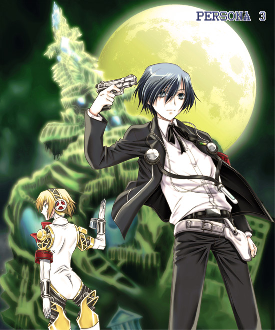 1boy 1girl aigis_(persona) android atlus blonde_hair blue_eyes blue_hair bow digital_media_player evoker full_moon gun gun_to_head headphones holding holding_gun holding_weapon komiru moon persona persona_3 ribbon school_uniform tartarus weapon yuuki_makoto_(persona_3)