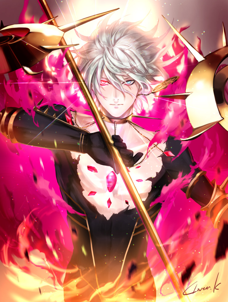 1boy bishounen black_bodysuit black_gloves blue_eyes bodysuit chest_jewel closed_mouth collarbone earrings fate/apocrypha fate_(series) gloves hair_between_eyes heterochromia holding holding_polearm holding_weapon jewelry karna_(fate) kuroba_k male_focus polearm red_eyes signature silver_hair solo torn_bodysuit torn_clothes upper_body weapon