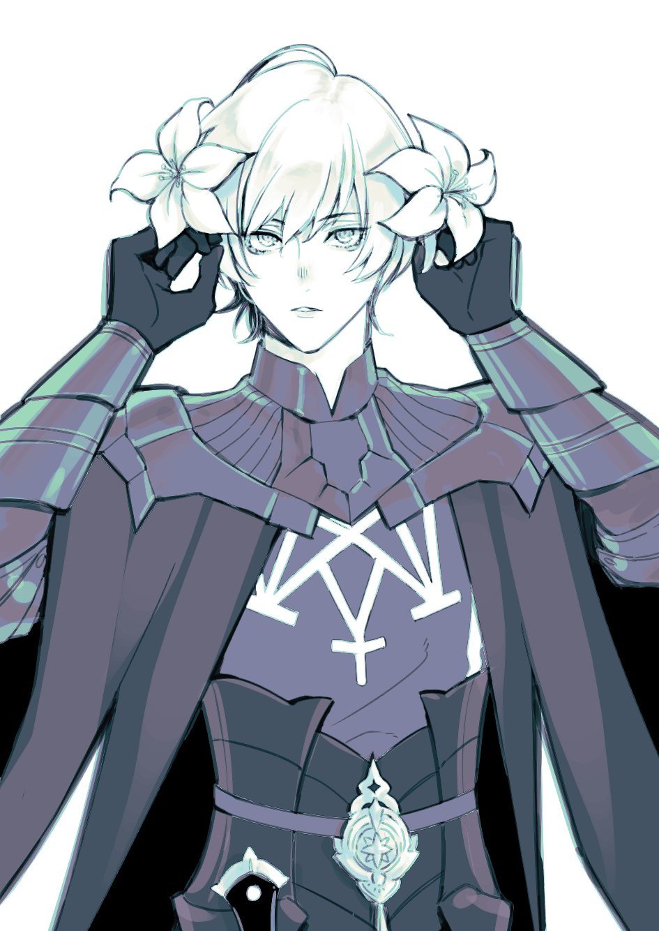 1boy armor male_byleth_(fire_emblem) cape fire_emblem fire_emblem:_three_houses flower gloves gorget greyscale hair_between_eyes hair_flower hair_ornament highres looking_at_viewer male_focus monochrome nintendo parted_lips simple_background solo standing upper_body urup_zzz weapon white_background