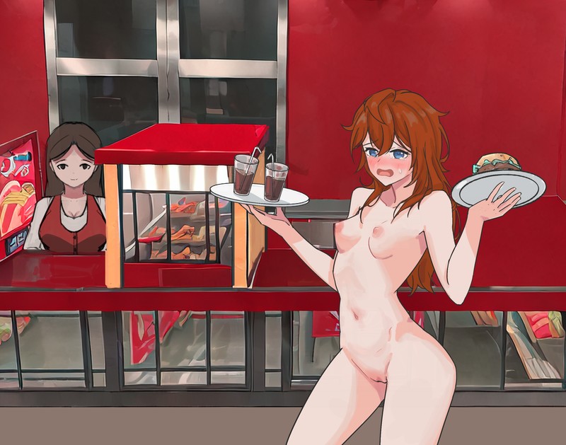 2girls background_characters black_hair blanca:_a_broke_girl_in_the_slums blanca_(blanca) blue_eyes blush breasts burger cleavage clothed_female_nude_female completely_nude drink duskcraft embarrassed long_hair multiple_girls navel nipples nude nudist public_indecency pussy red_hair small_breasts tray waitress
