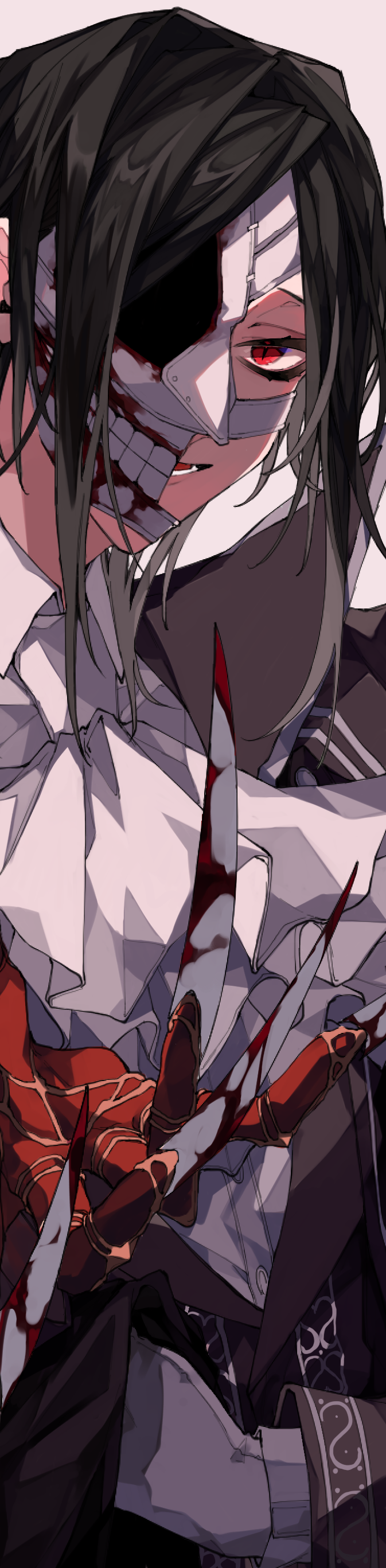 1boy absurdres ascot bishounen blood bloody_weapon claws european_clothes fate/grand_order fate_(series) half_mask highres long_image long_sleeves looking_at_viewer male_focus mask mizuki_(mz) open_mouth parted_bangs phantom_of_the_opera_(fate) red_eyes smile solo tall_image upper_body weapon white_ascot