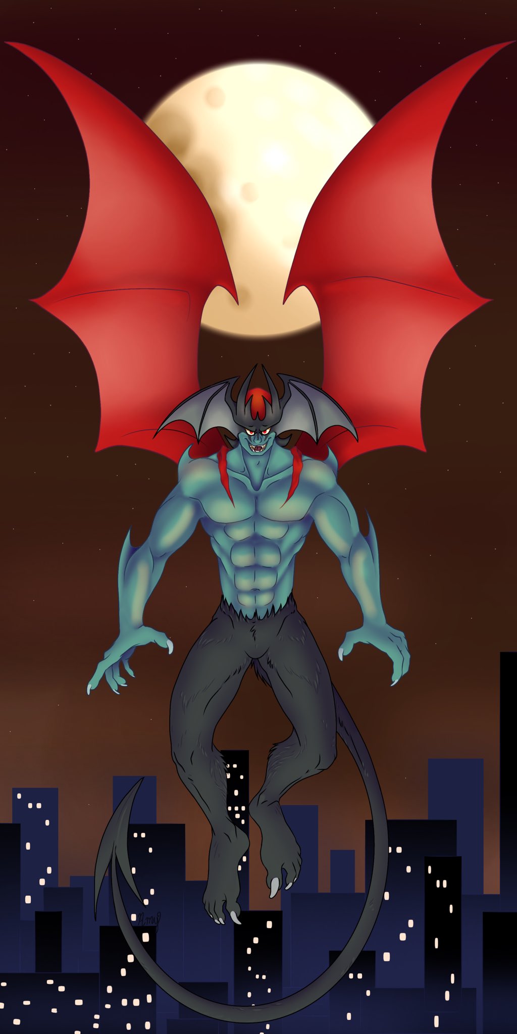 1boy arm_blade bat_wings black_wings blade claws colored_skin demon demon_boy demon_horns demon_tail demon_wings devilman devilman_(character) fingernails head_wings highres horns milkywamy sky smile star_(sky) starry_sky tail teeth weapon wings