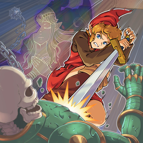 1boy 1girl angry armor attack ball_and_chain_(weapon) battle brown_hair elf from_below green_armor hat link nintendo pointy_ears princess_zelda red_eyes red_tunic shadow_link sidelocks skull skull_knight sleeping spike_ball stalfos sword temple the_legend_of_zelda tunic weapon zelda_ii:_the_adventure_of_link