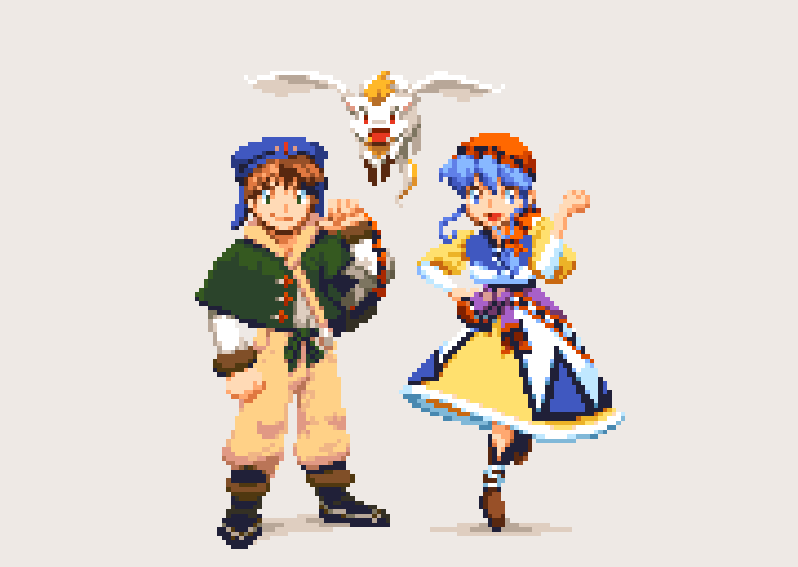 1boy 1girl alex_noah bandana blue_eyes blue_hair closed_mouth dress full_body hair_over_shoulder long_hair looking_at_viewer luna_noah lunar lunar:_the_silver_star nall_(lunar) open_mouth pixel_art pixelflag ponytail simple_background smile