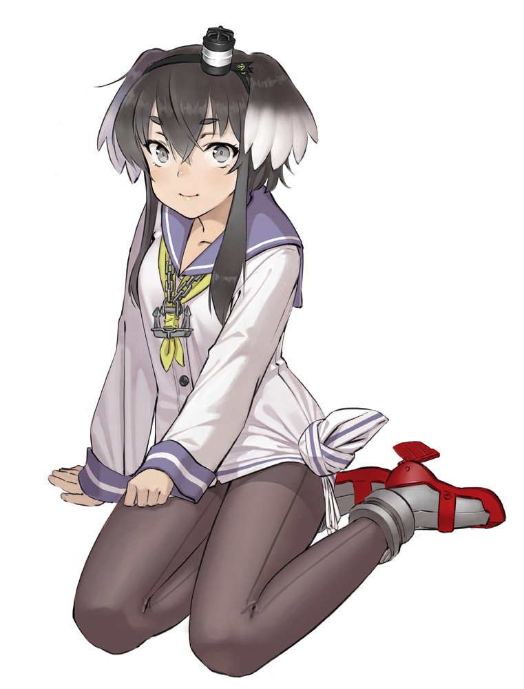 1girl anchor black_hair black_pantyhose blue_sailor_collar brown_eyes dress female_focus full_body gradient_hair hat kantai_collection looking_at_viewer mini_hat muhamado multicolored_hair neckerchief pantyhose red_footwear rudder_footwear sailor_collar sailor_dress seamed_legwear shirt short_hair short_hair_with_long_locks side-seamed_legwear sidelocks simple_background sitting solo tied_shirt tokitsukaze_(kancolle) white_background yellow_neckerchief yokozuwari