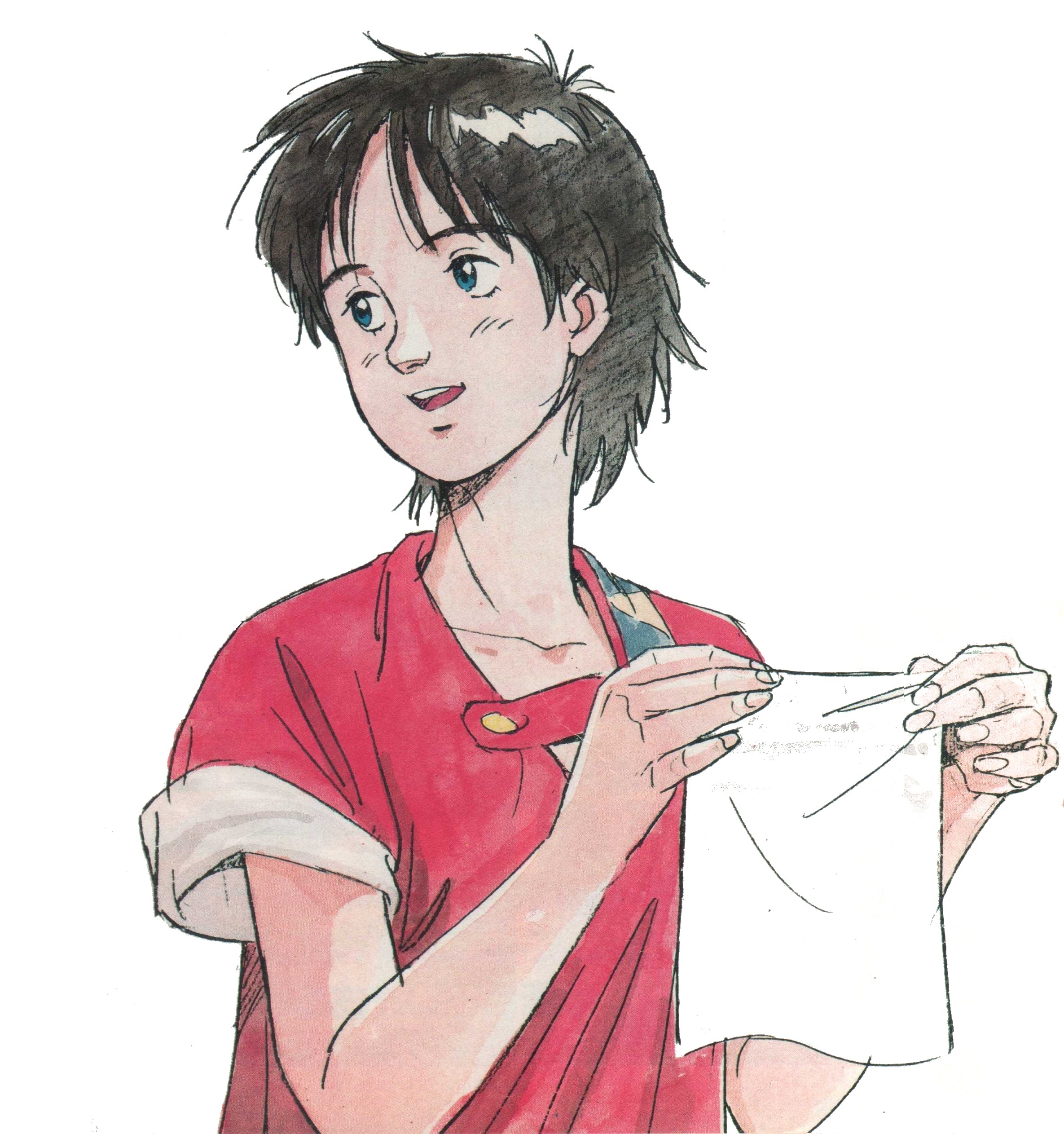 1980s_(style) 1girl absurdres animage black_hair blanket blue_eyes commentary dress english_commentary highres honneamise_no_tsubasa key_visual looking_to_the_side magazine_scan official_art oldschool open_mouth production_art promotional_art retro_artstyle riquinni_nonderaiko sadamoto_yoshiyuki scan short_hair traditional_media upper_body white_background