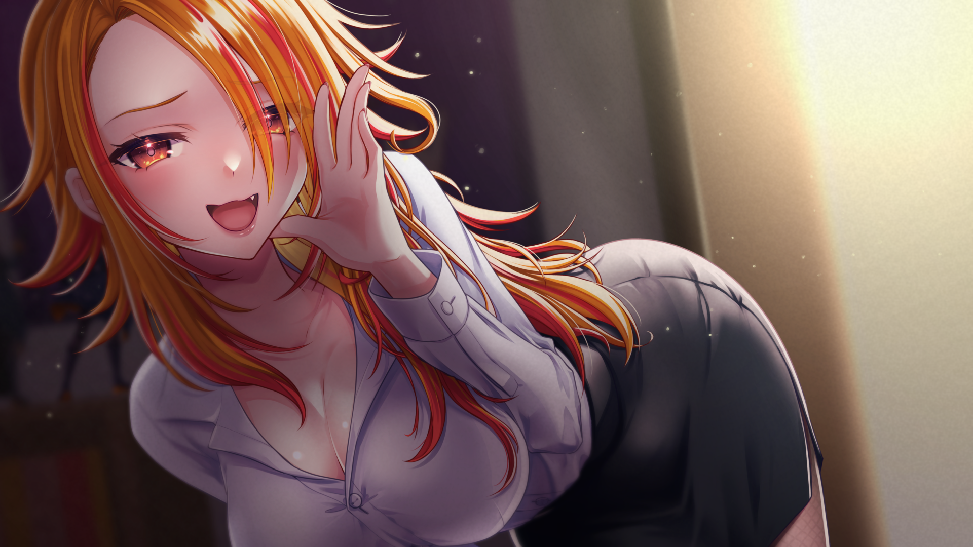 1girl alternate_breast_size alternate_costume alternate_hairstyle bent_over black_skirt blurry blurry_background blush breasts cleavage collared_shirt commentary_request cowboy_shot eyes_visible_through_hair fang hair_between_eyes hair_over_one_eye hand_up highres indoors kazami_kuku large_breasts light_particles lipstick long_hair long_sleeves looking_at_viewer makeup nail_polish nanashi_inc. office_lady open_mouth orange_eyes orange_hair pencil_skirt red_hair reona_kfc02 shirt skirt smile solo variant_set virtual_youtuber white_shirt