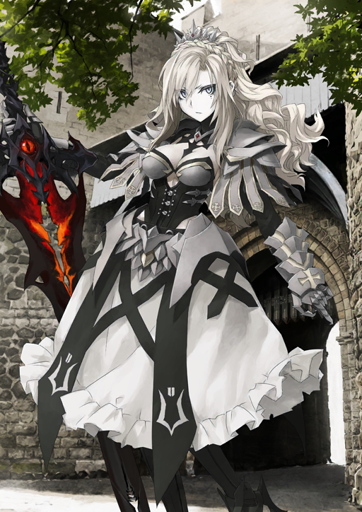 1girl arm_at_side armor balmung_kriemhild_(fate) black_boots black_collar black_corset black_gloves black_pantyhose black_sleeves blue_eyes boobplate boots braid breastplate breasts cleavage closed_mouth clothing_cutout collar corset crown_braid curtained_hair detached_sleeves fate/grand_order fate_(series) feet_out_of_frame frown game_cg gauntlets gloves hair_over_one_eye hand_up high_collar high_heels holding holding_sword holding_weapon konoe_ototsugu kriemhild_(fate) kriemhild_(third_ascension)_(fate) large_breasts long_hair long_sidelocks long_sleeves looking_at_viewer medium_skirt mole mole_under_eye official_art outstretched_arm pale_skin pantyhose parted_bangs pauldrons ponytail_with_braided_base shoulder_armor sidelocks skirt solo standing strapless swept_bangs sword third-party_source tiara v-shaped_eyebrows variant_set weapon white_hair white_skirt wide_ponytail