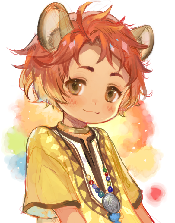 1boy :3 ahoge animal_ear_fluff animal_ears arms_at_sides bead_necklace beads blonde_hair blush brown_eyes brown_trim cheka_kingscholar child colorful_background curtained_hair dark-skinned_male dark_skin gold_choker jewelry kuzuvine lion_boy lion_ears looking_at_viewer male_focus multicolored_hair necklace notched_neckline orange_hair parted_bangs raised_eyebrows short_hair short_sleeves smile solo triangle_print twisted_wonderland two-tone_hair upper_body white_background