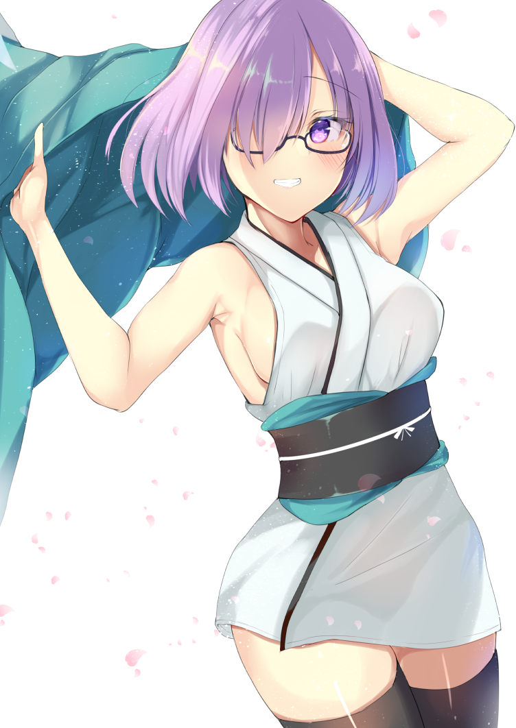 1girl armpits ashino bare_arms bare_shoulders black-framed_eyewear black_sash blush bob_cut breasts cherry_blossoms commentary cosplay cowboy_shot falling_petals fate_(series) female_focus grin hair_over_one_eye japanese_clothes kimono legs_together light_purple_hair looking_at_viewer mash_kyrielight matching_hair/eyes medium_breasts no_bra obi okita_souji_(fate) okita_souji_(koha-ace) okita_souji_(koha-ace)_(cosplay) petals purple_eyes purple_hair raised_eyebrow sash short_hair short_kimono sideboob simple_background single_eye sleeveless sleeveless_kimono smile solo thighhighs white_background white_kimono zettai_ryouiki