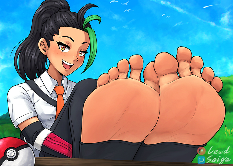 1girl arm_guards artist_name backpack bag barefoot black_hair black_leggings blurry breasts collared_shirt dark-skinned_female dark_skin day depth_of_field eyelashes feet feet_on_table feet_together female_focus foot_focus forehead gen_1_pokemon greek_toe green_hair half-closed_eyes hill hugging_own_legs knees_to_chest leggings legs lewdsaiga long_hair looking_at_viewer medium_breasts multicolored_hair naranja_academy_school_uniform nature naughty_face neck necktie nemona_(pokemon) nintendo open_mouth orange_eyes orange_shorts outdoors outstretched_legs pikachu poke_ball pokemon pokemon_sv ponytail school_uniform seductive_smile shirt short_sleeves shorts sky smile soles stirrup_legwear streaked_hair toeless_legwear toes when_you_see_it