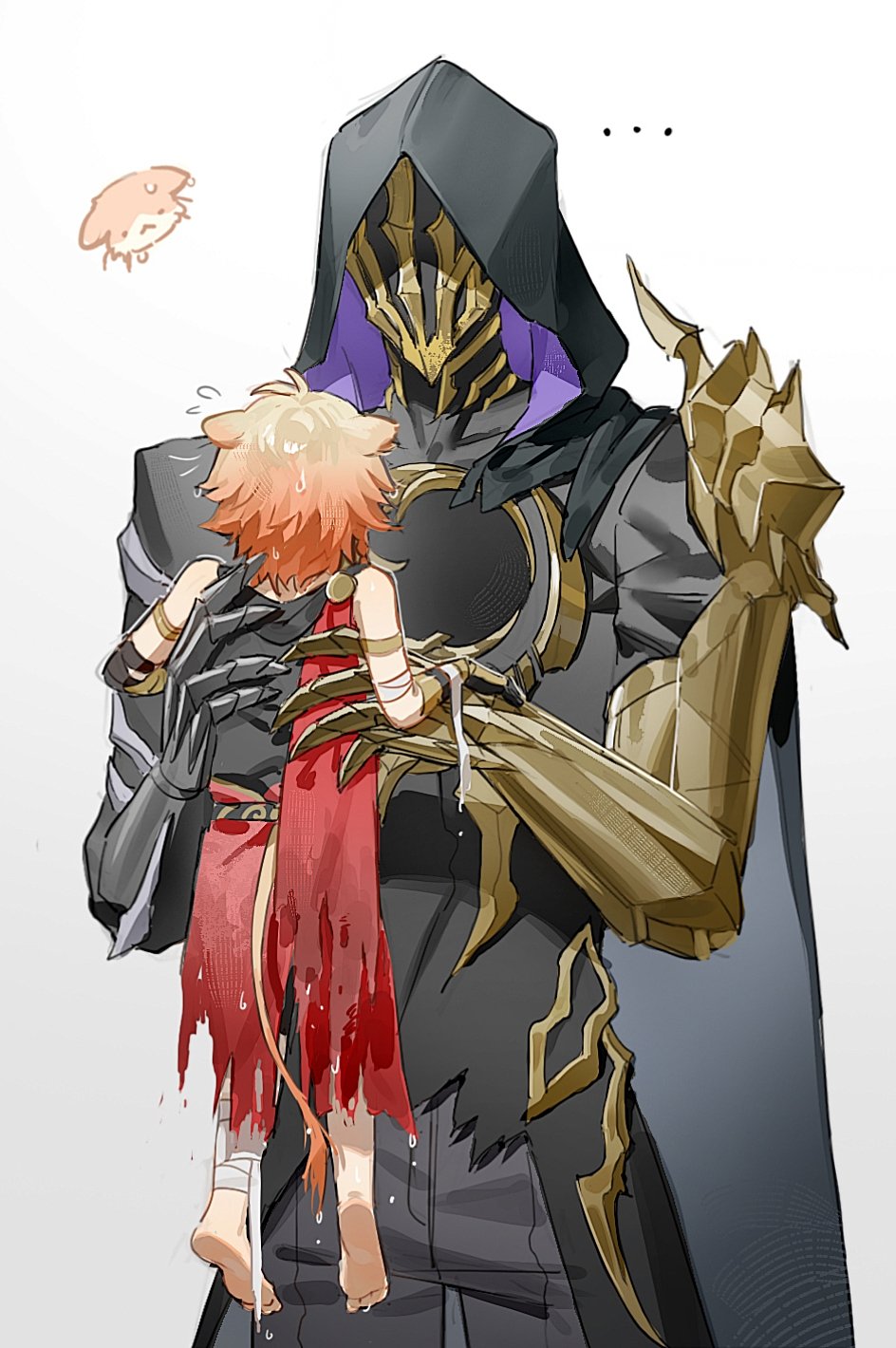 ... 2boys aged_down animal_ears armlet armor armored_gloves armpit_carry bandaged_arm bandaged_leg bandages barefoot black_cape black_cloak black_pants black_shirt blonde_hair cape carrying carrying_person child chinese_commentary cloak commentary_request flame_reaver_(honkai:_star_rail) gold_trim gradient_hair highres honkai:_star_rail honkai_(series) hood hood_up hooded_cloak jewelry male_focus mask multicolored_hair multiple_boys mydei_(honkai:_star_rail) pants pauldrons red_hair shirt shoulder_armor single_pauldron size_difference sleeveless sleeveless_shirt suirandanshihao torn_clothes wet wet_clothes wet_hair white_background