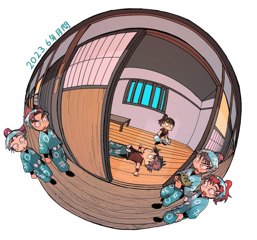 6+boys aqua_pants aqua_shirt armor barred_window basket black_footwear black_undershirt blue_hood bow character_request child dated detached_hood diorama fisheye from_above hallway holding holding_basket indoors japanese_armor japanese_clothes kote kurokado_denshichi kurokote lying male_focus medium_hair multiple_boys ninja no_nose on_back on_floor pants ponytail rakudai_ninja_rantarou ruiori_saikou sanpaku shirt short_sleeves shouji side-by-side sitting sliding_doors talking uniform v-neck waist_bow walking white_bow wide_sleeves
