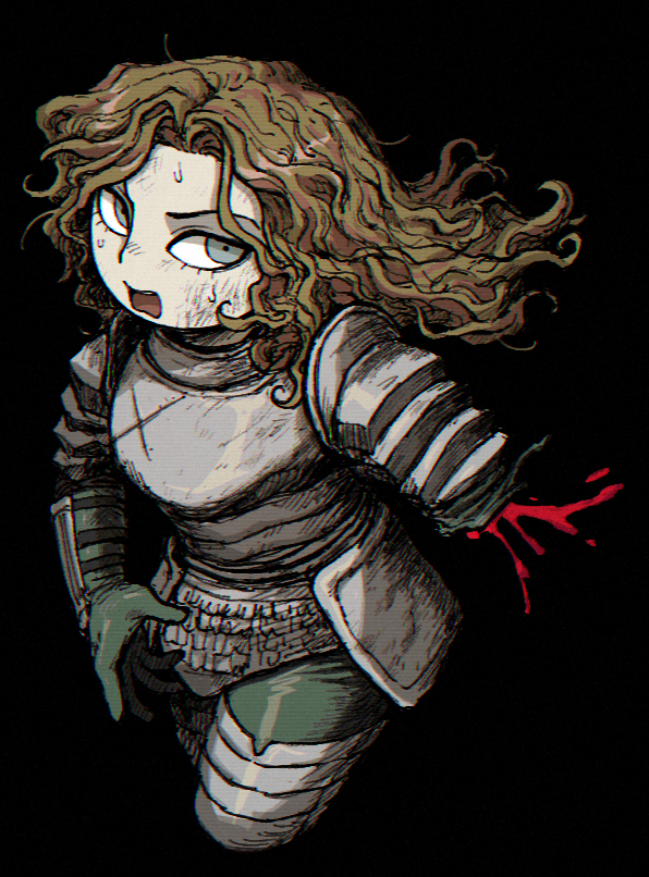 1boy amputee armor black_background blonde_hair blood cropped_legs cuisses dirty dirty_face fear_&amp;_hunger_(series) fear_&amp;_hunger_1 gloves green_gloves green_pants grey_eyes knight le&#039;garde_(fear_&amp;_hunger) long_hair open_mouth pants pauldrons shoulder_armor simple_background sm2_hokke solo sweat vambraces