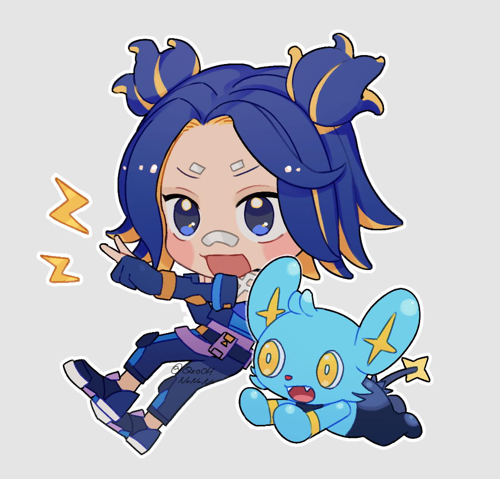 1girl animification blonde_hair blue_footwear blue_gloves blue_hair blue_pants blue_shorts chibi elbow_gloves gen_4_pokemon gloves holding_own_arm lightning_bolt_symbol multicolored_hair nanana_(syoki0916) neon_(valorant) nintendo pants partially_fingerless_gloves pokemon pokemon_(creature) power_connection shinx shirt shoes shorts signature simple_background sleeveless sleeveless_shirt sneakers solo_focus streaked_hair two_side_up v v-shaped_eyebrows valorant