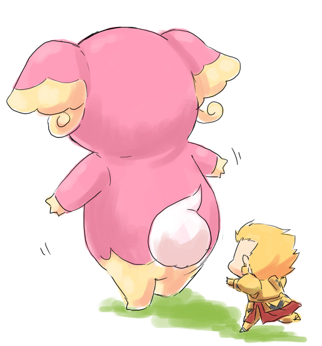 10s 1boy armor audino bad_id bad_pixiv_id blonde_hair chasing chibi crossover fate/stay_night fate_(series) gen_5_pokemon gilgamesh_(fate) hachi_(gaoo) male_focus nintendo pokemon pokemon_(creature) pokemon_bw white_background
