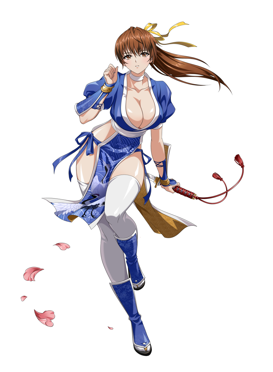 1girl arm_guards blush breasts brown_eyes brown_hair choker cleavage collarbone dead_or_alive dead_or_alive_6 female_focus hair_ribbon highres japanese_clothes kasumi_(doa) langrisser langrisser_mobile large_breasts long_hair looking_at_viewer matching_hair/eyes ninja off_shoulder official_alternate_costume official_art panties pelvic_curtain ponytail ribbon shin_guards side-tie_panties solo thighhighs underwear white_background white_thighhighs yellow_ribbon