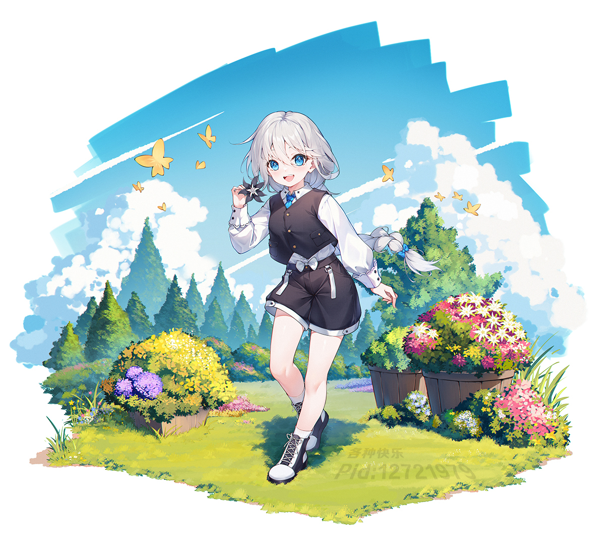 1girl aged_down apc556_(girls'_frontline) black_shorts black_vest blue_bow blue_eyes blue_necktie bow bug butterfly cloud collared_shirt commission flower ge_zhong_kuaile girls'_frontline hair_between_eyes hair_bow holding holding_flower insect long_hair long_sleeves looking_at_viewer multicolored_shoes necktie open_mouth outdoors pixiv_commission pixiv_id pixiv_username plant potted_plant shirt shoes shorts smile socks solo standing tree vest white_bow white_hair white_shirt yellow_butterfly