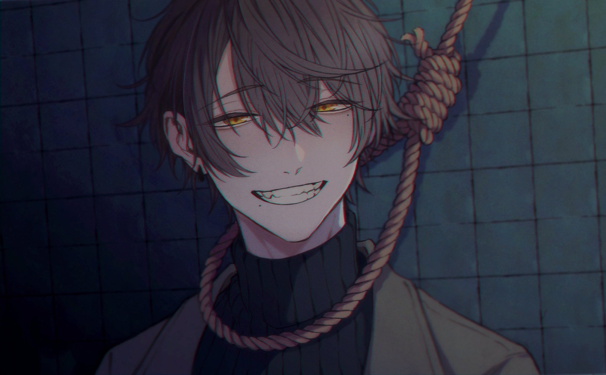 1boy black_sweater brown_coat brown_hair coat earrings highres jewelry looking_at_viewer male_focus mole mole_under_mouth moxamog original portrait rope smile sweater teeth tile_wall tiles yellow_eyes