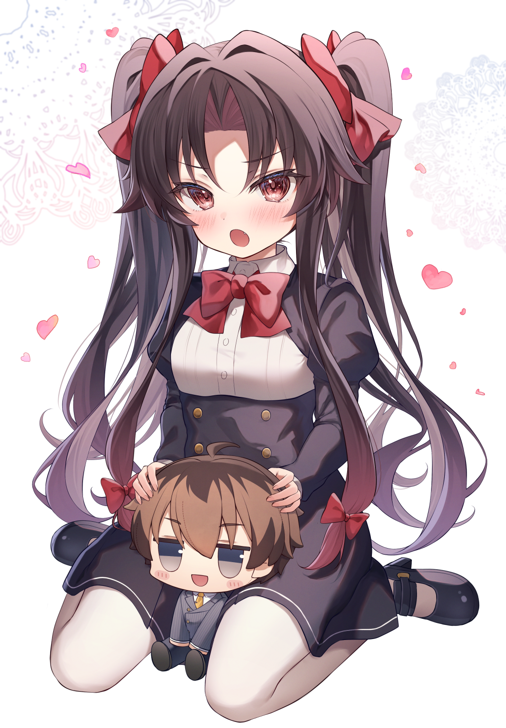 1girl :d :o black_footwear black_hair black_skirt blush bow breasts brown_hair character_doll commentary_request fang gradient_hair gyozanuko hair_bow hair_intakes heart high-waist_skirt highres juliet_sleeves kuzuryuu_yaichi long_hair long_sleeves looking_at_viewer multicolored_hair open_mouth pantyhose parted_bangs puffy_sleeves red_bow red_eyes ryuuou_no_oshigoto! shirt shoes sitting skirt small_breasts smile twintails very_long_hair wariza white_pantyhose white_shirt yashajin_ai