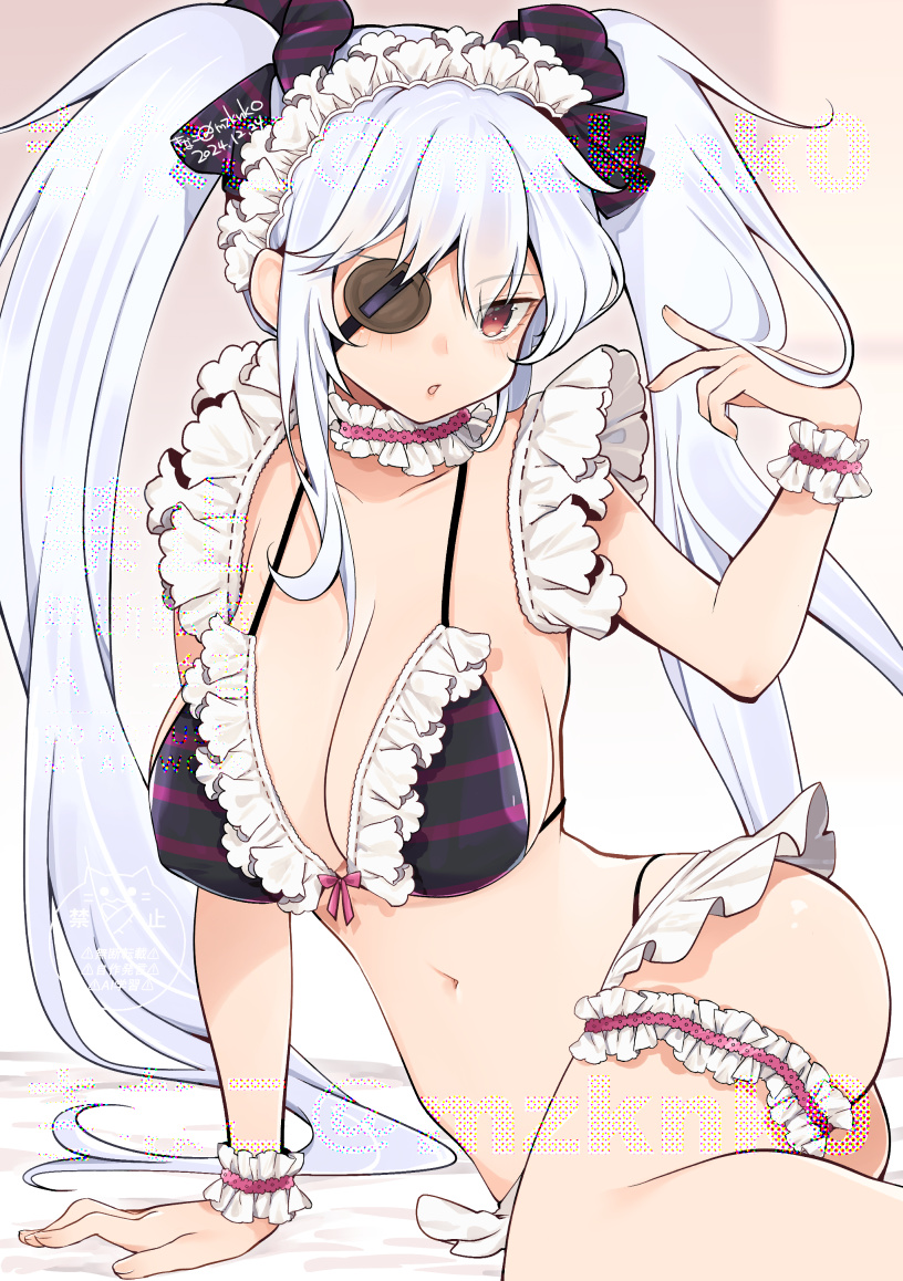 1girl :o adjusting_hair bikini black_bikini breasts choker cleavage commentary detached_collar english_commentary eyepatch frilled_bikini frilled_choker frilled_thigh_strap frills hair_ribbon hand_on_floor kinako_(mzknk0) large_breasts long_hair looking_at_viewer maid maid_bikini maid_headdress navel red_eyes ribbon senran_kagura swimsuit thigh_strap twintails unconventional_maid white_hair wrist_cuffs yagyu_(senran_kagura)