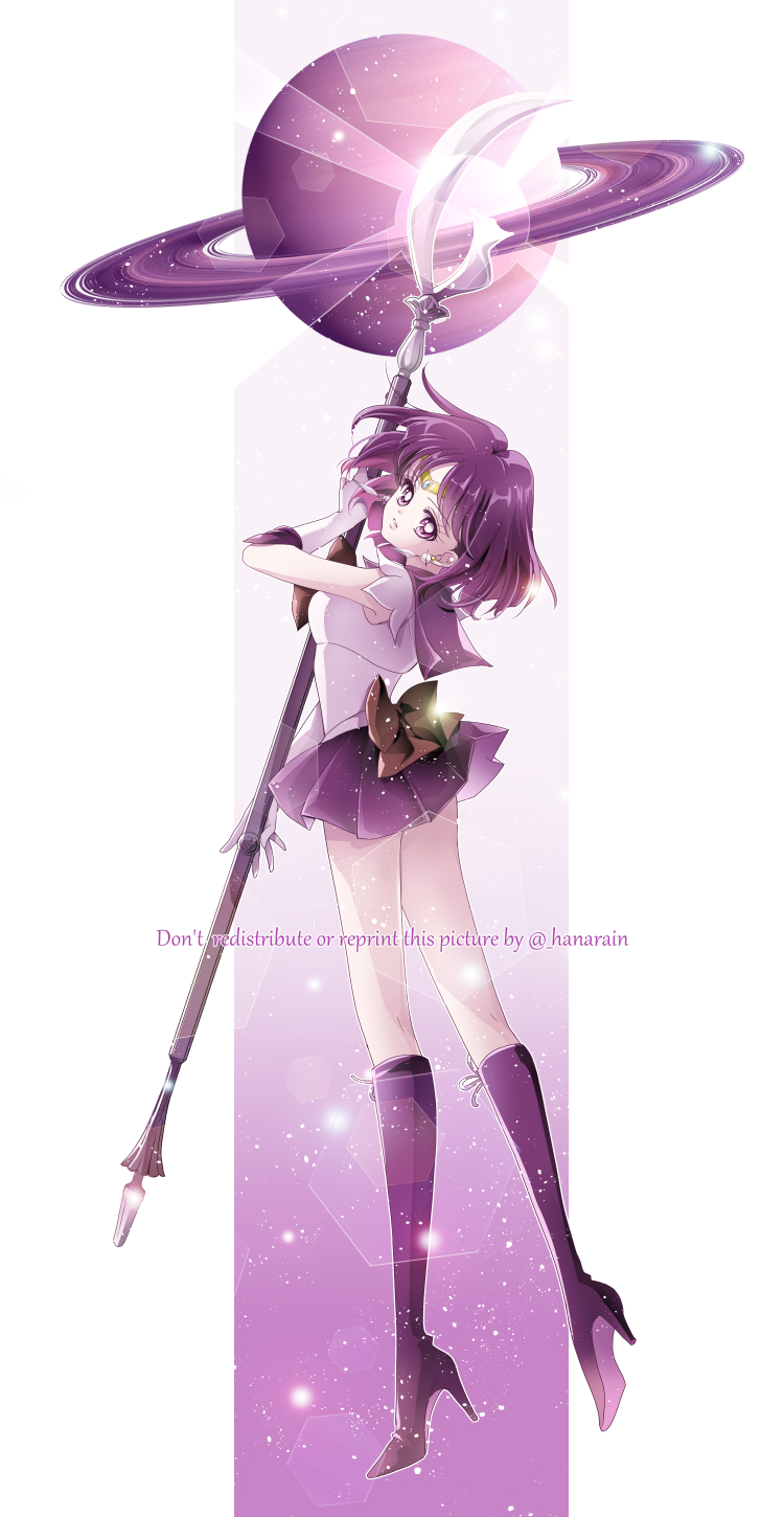 1girl bishoujo_senshi_sailor_moon boots circlet from_side full_body head_tilt high_heel_boots high_heels highres holding holding_polearm holding_weapon knee_boots medium_hair miniskirt pleated_skirt polearm purple_boots purple_eyes purple_hair purple_sailor_collar purple_skirt sailor_collar sailor_saturn sailor_senshi_uniform sarashina_kau saturn_(planet) see-through_clothes see-through_skirt shaft_look shirt silence_glaive skirt sleeveless sleeveless_shirt solo tomoe_hotaru weapon white_shirt