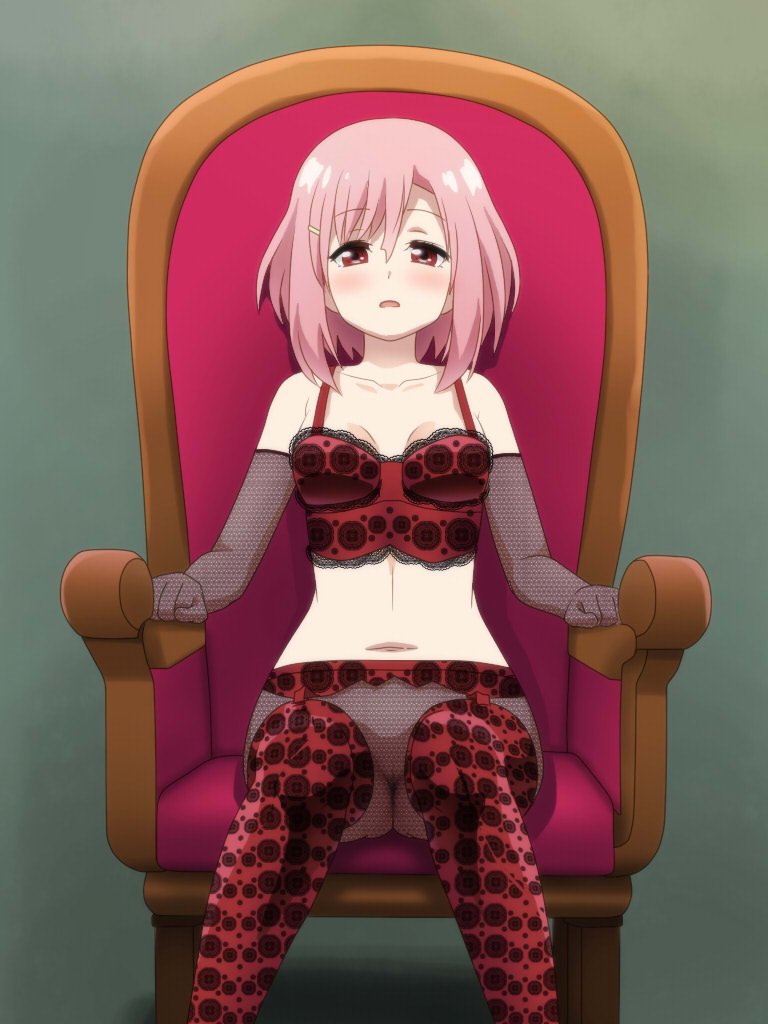 1girl awa blush breasts chair elbow_gloves feet_out_of_frame fishnet_pantyhose fishnets gloves hair_ornament koharu_yoshino looking_at_viewer medium_breasts navel open_mouth pantyhose pink_hair red_eyes sakura_quest short_hair simple_background sitting solo thighhighs