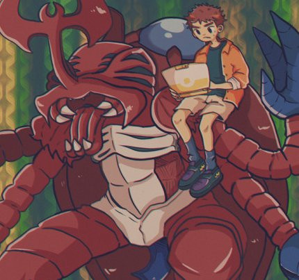 atlurkabuterimon atlurkabuterimon_(red) black_eyes brown_hair bug digimon digimon_(creature) digimon_adventure_02 exoskeleton horns izumi_koshiro rhinoceros_beetle sharp_teeth short_hair teeth