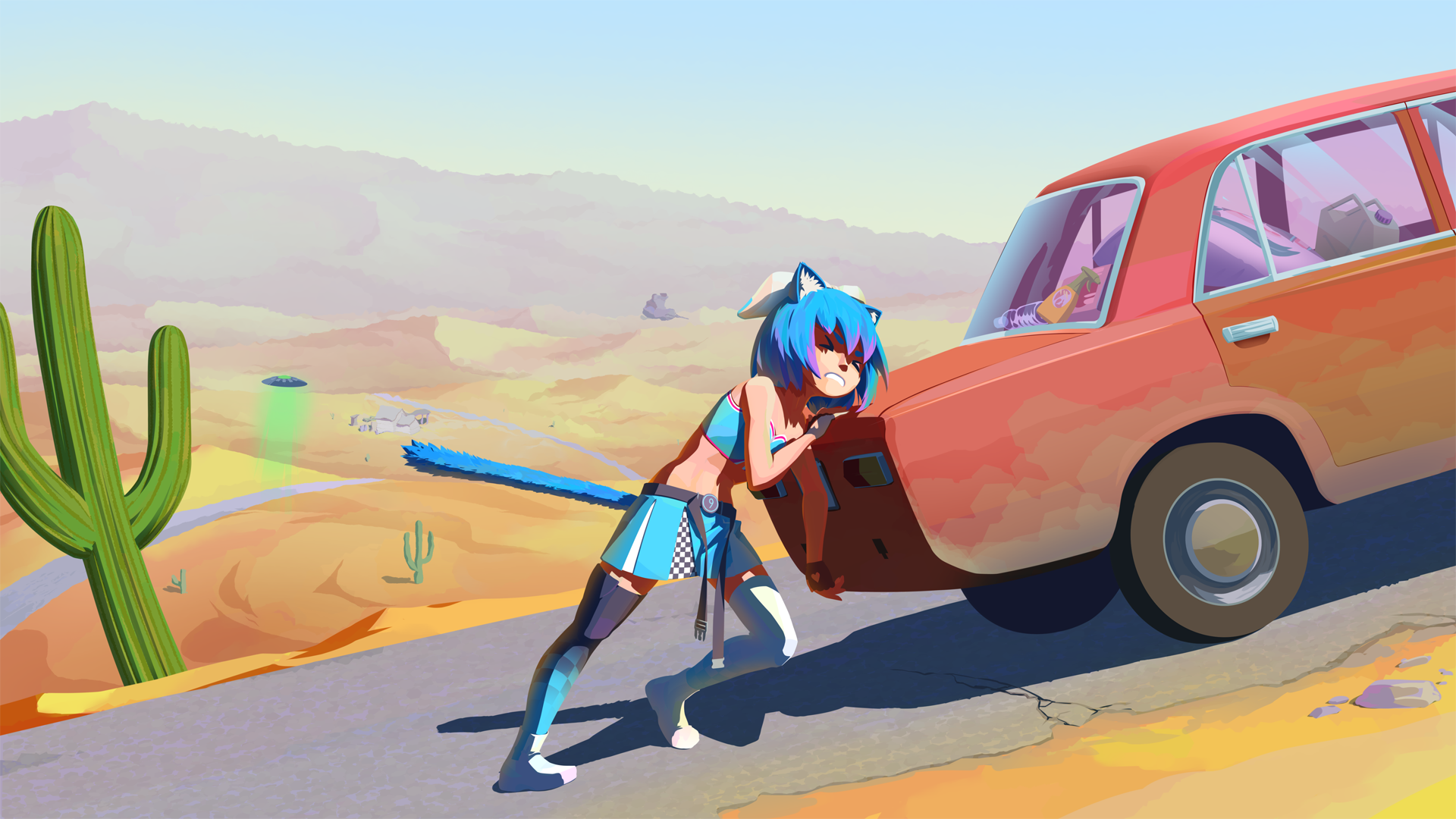 >_< 1girl alternate_costume animal_ears antinoya black_gloves black_thighhighs blue_bra blue_skirt blue_sky bra cactus car cat_ears cat_girl cat_tail cirno clear_sky clenched_teeth closed_eyes commentary desert english_commentary fingerless_gloves full_body gloves highres kemonomimi_mode mismatched_thighhighs motor_vehicle orange_car outdoors pushing pushing_car short_hair skirt sky solo tail teeth the_long_drive thighhighs touhou ufo underwear white_thighhighs