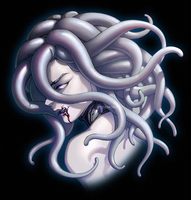 1boy berserk blood blood_from_mouth demon demon_girl denoro long_hair looking_at_viewer slan_(berserk) solo tentacle_hair tongue tongue_out white_eyes