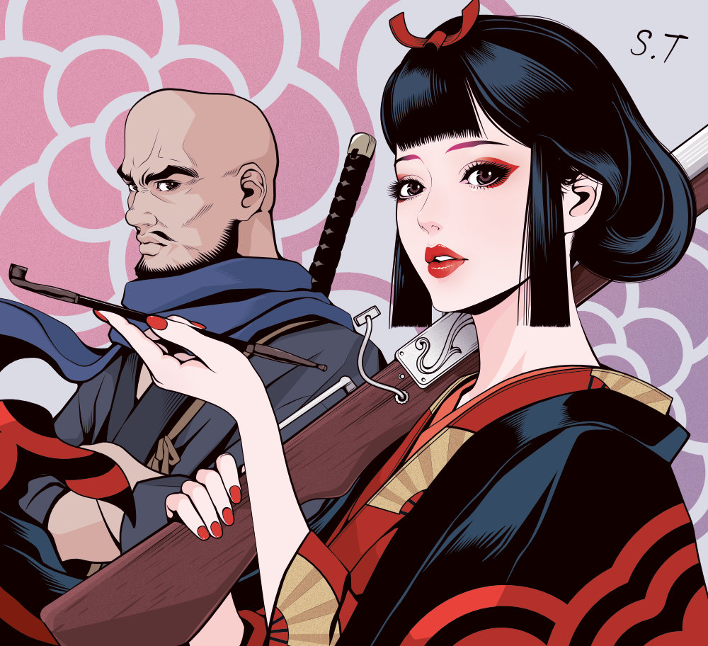 1boy 1girl antique_firearm arquebus bald beard black_eyes black_hair black_kimono blue_neckerchief blunt_bangs blunt_sidelocks closed_mouth commentary_request crossed_arms eboshi eyelashes eyeshadow facial_hair fan_print firearm from_side gonza_(mononoke_hime) gradient_background grey_robe gun hair_ornament hairstyle_request holding holding_smoking_pipe japanese_clothes kimono kiseru limited_palette lips looking_at_another makeup mononoke_hime mustache neckerchief over_shoulder parted_lips pink_background pink_eyebrows pink_eyes purple_background red_eyeshadow red_kimono red_lips red_nails robe short_hair signature smoking_pipe spot_color sword takanashi_shin teeth upper_body weapon weapon_over_shoulder wide_sleeves