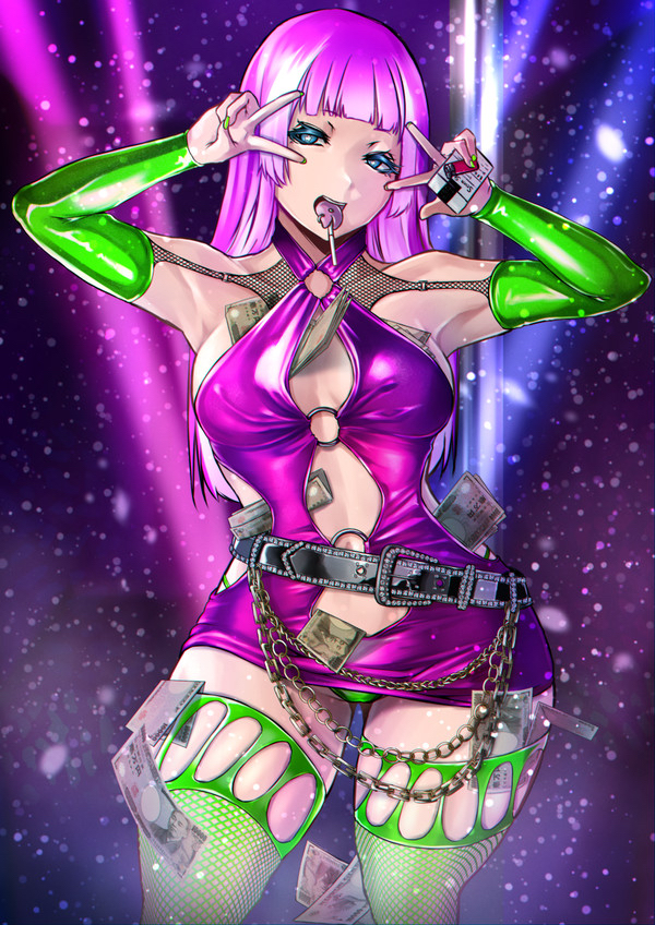 0odrosselo0 arm_warmers belt bitchi-chan blue_eyes chain cigarette cigarette_pack double_v fingernails fishnet_thighhighs fishnets green_nails green_panties hime_cut holding holding_cigarette_pack holding_lighter lighter long_fingernails mesugaki money original panties panty_peek pink_hair revealing_clothes thighhighs tucked_money underwear v v_over_eye yen
