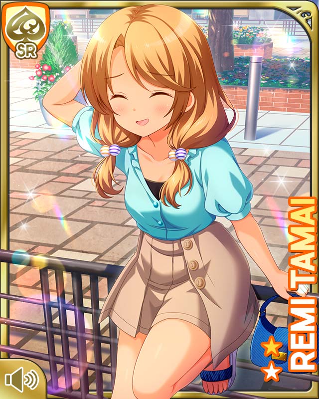 1girl :d brown_eyes brown_hair brown_skirt card_(medium) city closed_eyes day girlfriend_(kari) green_shirt looking_at_viewer low_twintails official_art open_mouth outdoors qp:flapper shirt skirt smile solo standing sunburn tagme tamai_remi twintails