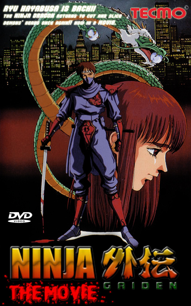 1990s_(style) 1boy 1girl blood blood_drip bloody_weapon brown_hair cityscape cover dragon dvd_cover eastern_dragon full_body irene_lew katana night ninja ninja_gaiden ninja_ryukenden ninjatou ova retro_artstyle ryu_hayabusa short_sword sword tecmo weapon