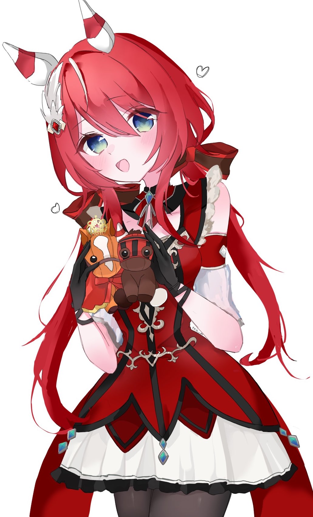1girl animal_ears blush breasts collarbone commentary_request crown ear_covers ear_ornament feather_hair_ornament feathers gloves green_eyes hair_between_eyes hair_ornament heart highres holding horse horse_ears horse_girl horse_tail long_hair looking_at_viewer low_twintails medium_breasts meta open_mouth orfevre_(racehorse) pantyhose red_hair simple_background solo stuffed_animal stuffed_horse stuffed_toy tail teio_umau_uu twintails umamusume white_background win_variation_(racehorse) win_variation_(umamusume)