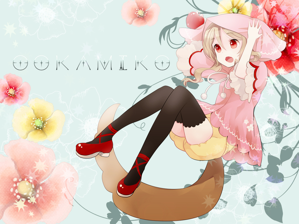 1girl apple black_thighhighs blonde_hair character_name commentary_request fangs flower food fruit hair_between_eyes hand_on_own_head hood hood_up hooded_jacket ichiemu_(picric) invisible_chair jacket long_hair neck_ribbon open_mouth ouka_miko pink_jacket red_eyes red_flower red_shoes ribbon shoes short_sleeves shorts sitting solo thighhighs utau white_ribbon yellow_flower yellow_shorts