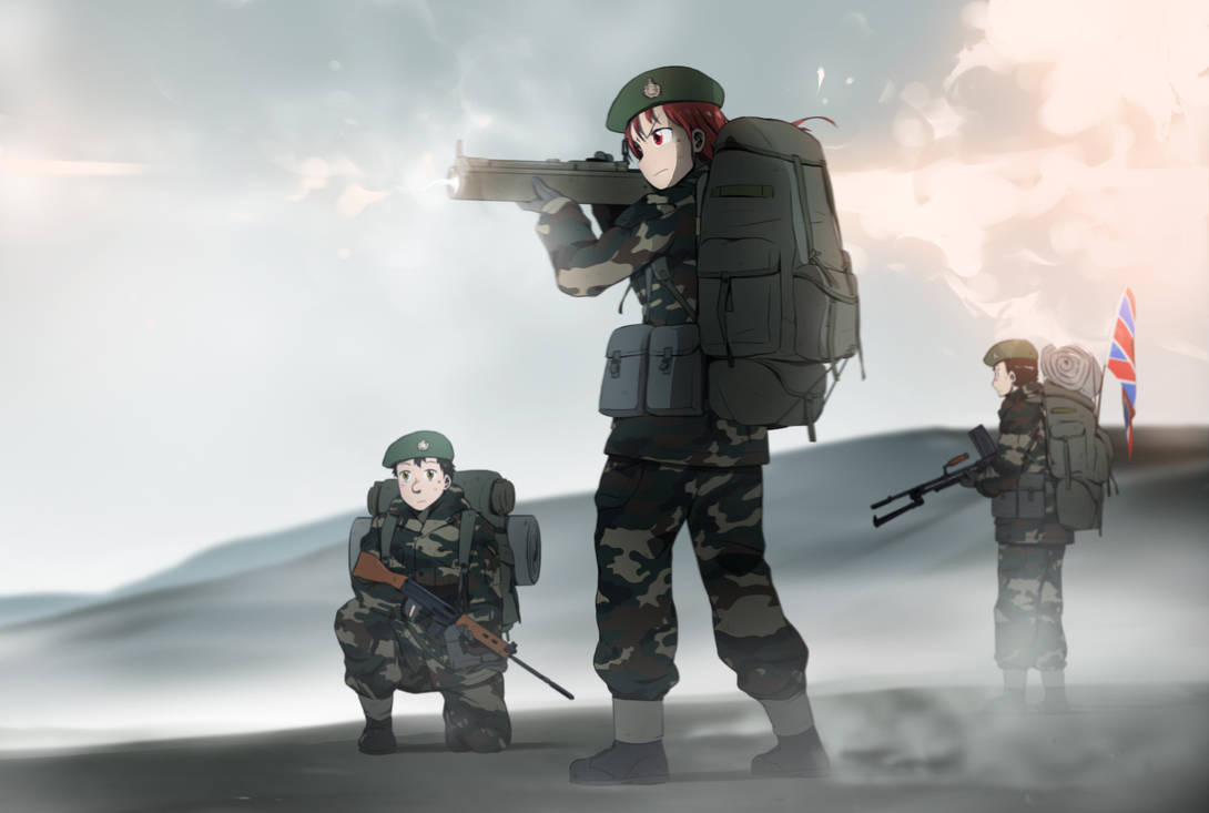 1girl 2boys aiming ammunition_pouch backpack bag battle_rifle beret boots bren_lmg british_army british_flag brown_eyes brown_hair camouflage falklands_war flag fn_fal gun hat hill holding holding_gun holding_weapon light_machine_gun long_hair m72_law machine_gun military military_uniform mrxinom multiple_boys original pouch red_eyes red_hair rifle short_hair united_kingdom weapon