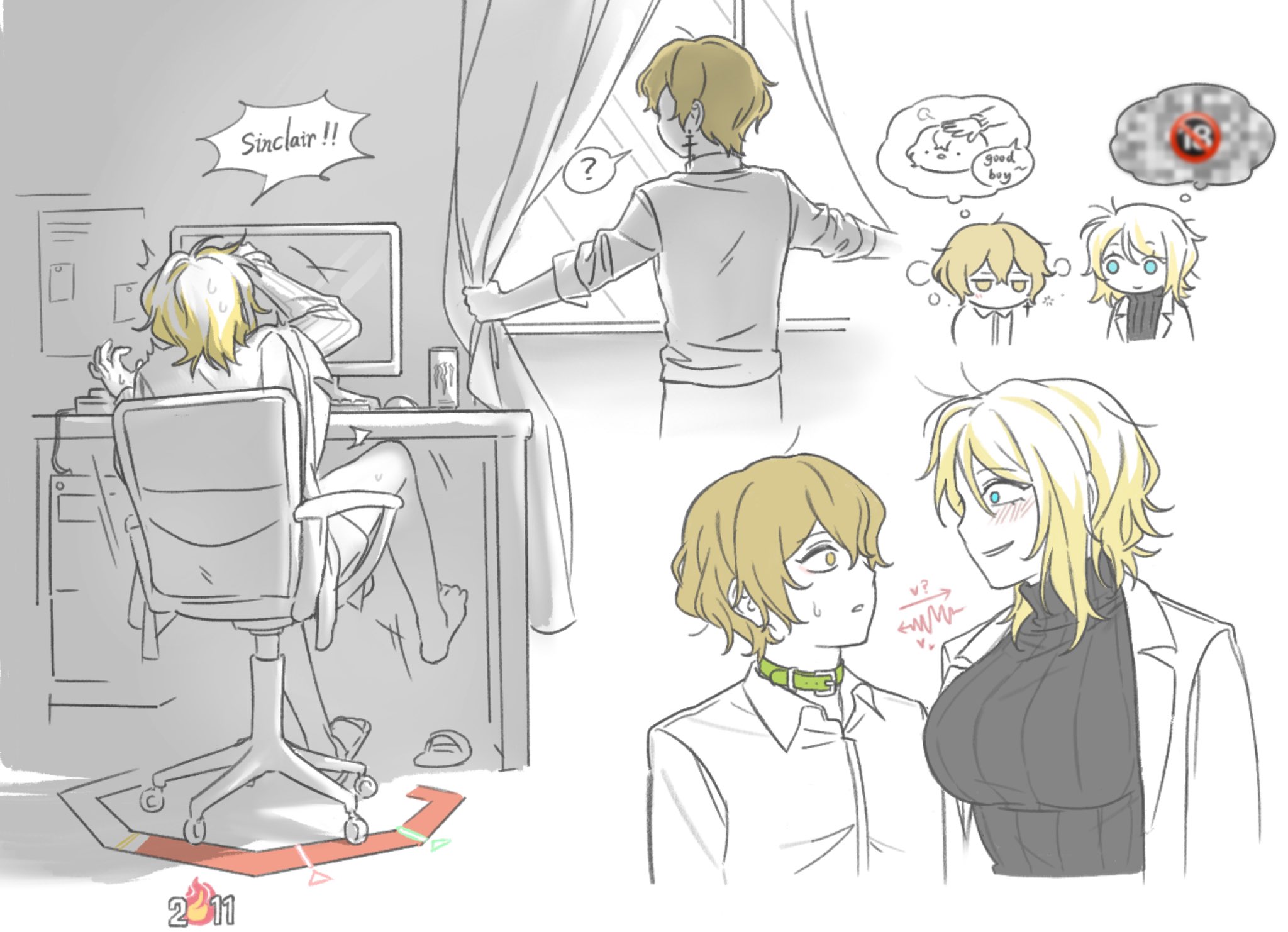 1boy 1girl bare_legs black_sweater blonde_hair blush breasts censored coat collared_shirt computer computer_keyboard computer_mouse cross cross_earrings day earrings faust_(project_moon) fire gameplay_mechanics highres indoors jewelry lab_coat lapels large_breasts limbus_company monitor mosaic_censoring multicolored_hair n_corp._fanatic_(identity)_(project_moon) nail_(hardware) notched_lapels ohzv open_mouth opening_curtains petting project_moon ribbed_sweater shirt short_hair sidelocks simple_background sinclair_(project_moon) smile speech_bubble streaked_hair sunlight sweat sweater thought_bubble upper_body white_background white_coat white_hair white_shirt