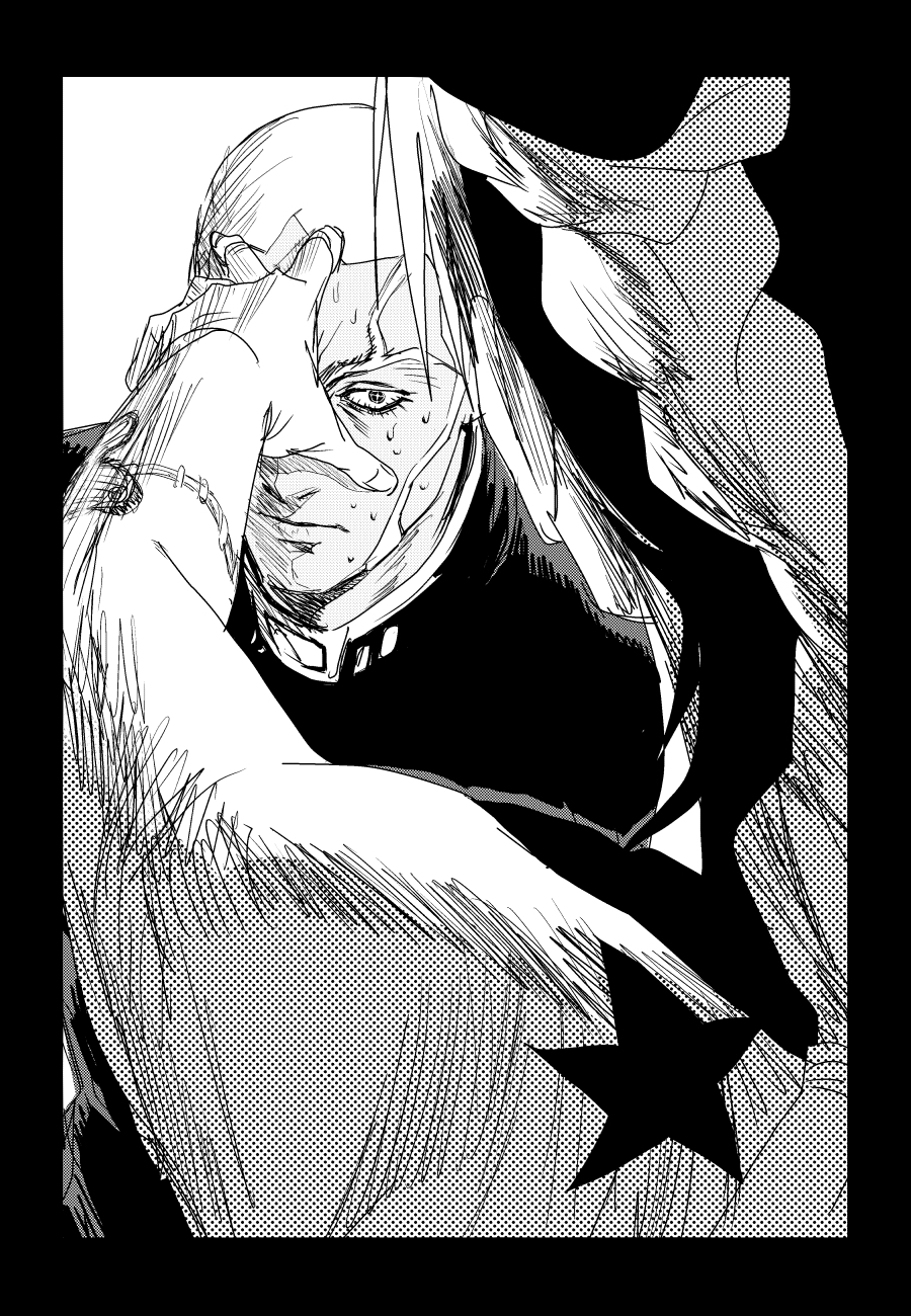 1boy 1girl arm_tattoo birthmark braid commentary crosshatching dark-skinned_male dark_skin english_commentary enrico_pucci greyscale hand_on_another&#039;s_face hatching_(texture) highres jeonjin_(mynamebazin) joestar_birthmark jojo_no_kimyou_na_bouken kuujou_jolyne long_sideburns monochrome nervous_sweating priest sideburns star_(symbol) stone_ocean sweat tattoo