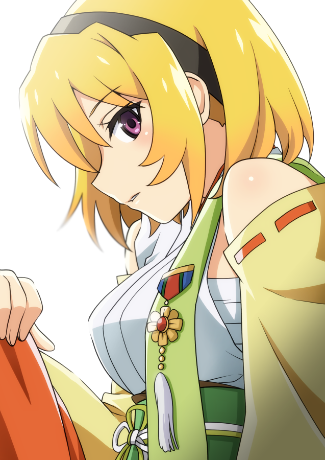 1girl black_hairband blonde_hair chigayasan commentary_request detached_sleeves eyelashes hairband hand_on_own_knee higurashi_no_naku_koro_ni higurashi_no_naku_koro_ni_gou houjou_satoko japanese_clothes looking_at_viewer parted_lips purple_eyes short_hair simple_background solo upper_body white_background