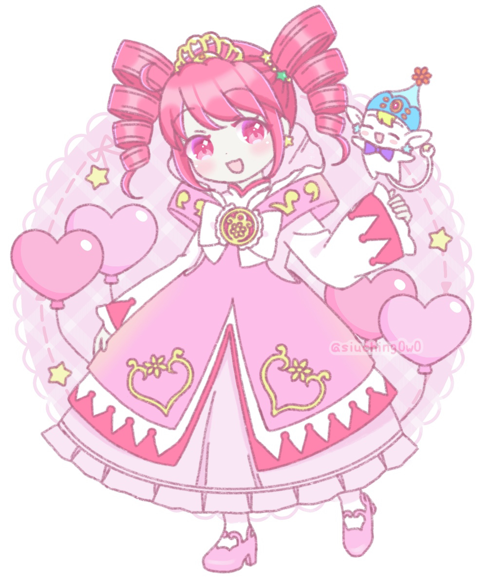 1girl :d ^_^ balloon blonde_hair blue_hat blush bow bowtie chest_bow closed_eyes commentary creature crest dot_nose dress dress_bow drill_hair earrings fairy fine_(futagohime) fine_(prominence_dress_up)_(futagohime) frilled_sleeves frills full_body fushigiboshi_no_futago_hime gem gold_tiara gown hair_ornament hand_up hat heart heart_balloon heart_print high_collar jewelry lace_background long_hair long_sleeves looking_at_viewer magical_girl medallion open_mouth overskirt pantyhose phrygian_cap pink_dress pink_shoes pointy_ears pumo_(futagohime) purple_bow purple_bowtie red_eyes red_gemstone red_hair shoes siuching sleeves_past_wrists smile star_(symbol) star_earrings star_hair_ornament sun_hat_ornament sun_print supportasse tail tiara twin_drills two-tone_dress white_background white_bow white_dress white_pantyhose wide_sleeves