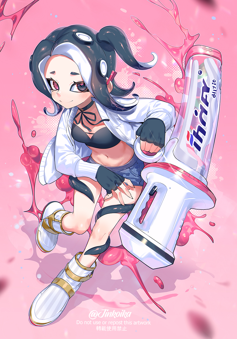 1girl artist_name black_bra black_choker black_eyes black_gloves black_hair black_ribbon blue_shorts blush boots bra breasts cardigan choker closed_mouth commentary decavitator_(splatoon) earclip fingerless_gloves fingernails full_body glint gloves halftone heart heart_in_eye heterochromia highres holding holding_weapon jinkoika medium_hair midriff mole mole_under_eye navel nintendo octoling octoling_girl octoling_player_character one_side_up open_cardigan open_clothes paint_splatter parted_bangs pink_background pink_eyes ribbon ribbon_choker sharp_fingernails shorts small_breasts smile solo splatoon_(series) splatoon_3 standing standing_on_one_leg suction_cups symbol-only_commentary symbol_in_eye tentacle_hair underwear watermark weapon white_boots white_cardigan