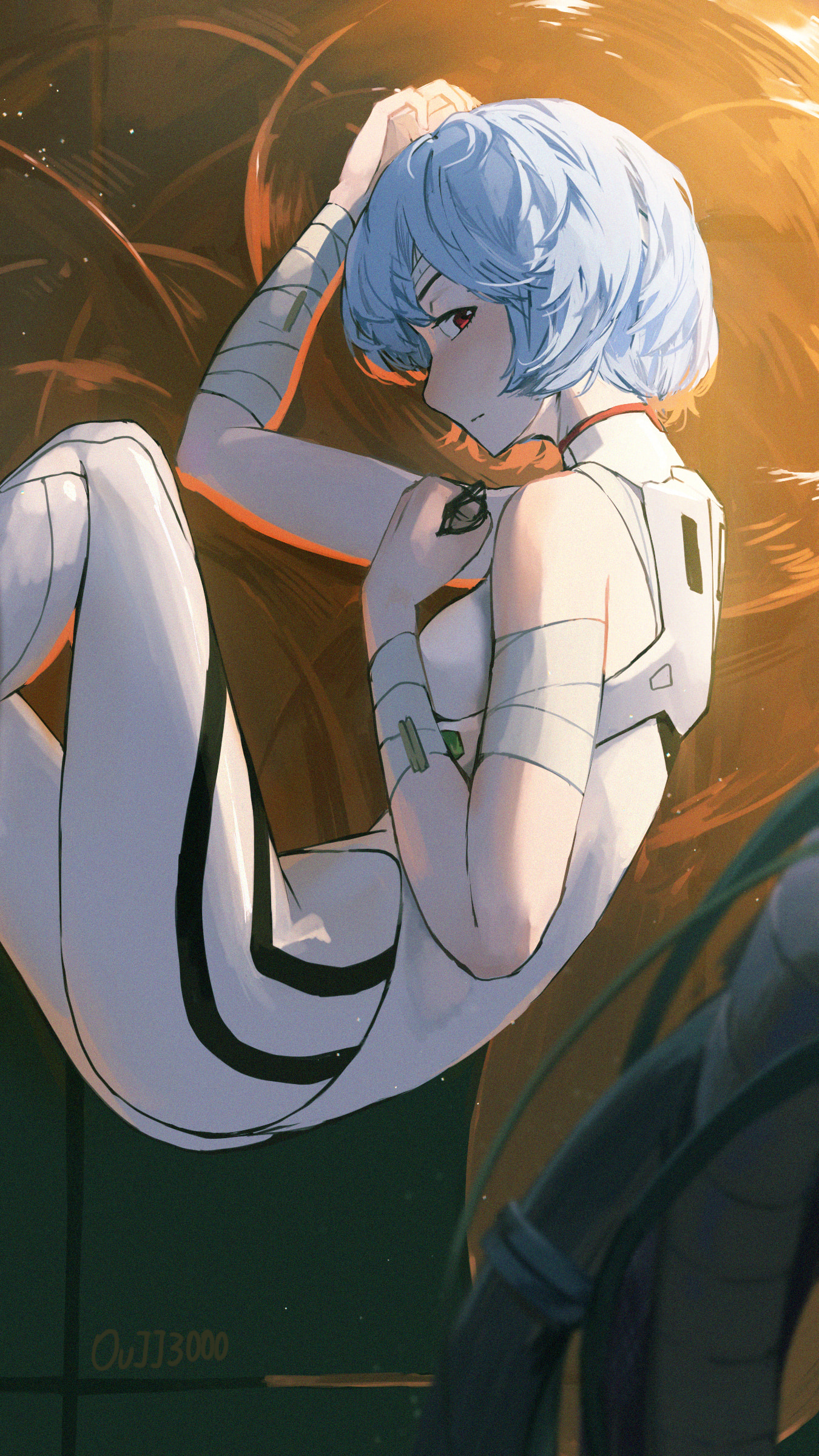 1girl absurdres arms_up artist_name ayanami_rei bandaged_arm bandaged_head bandages bare_shoulders blue_hair blush bodysuit breasts closed_mouth commentary curled_up expressionless feet_out_of_frame fetal_position film_grain floating from_side glasses hand_on_own_chest hands_on_own_head highres holding holding_removed_eyewear hose knees_up lcl light_blush light_particles looking_at_viewer mecha_pilot_suit medium_breasts neon_genesis_evangelion nose_blush plugsuit_(evangelion) red_eyes short_hair side-eyed signature sleeveless solo unworn_eyewear user_puhn7342 white_bodysuit