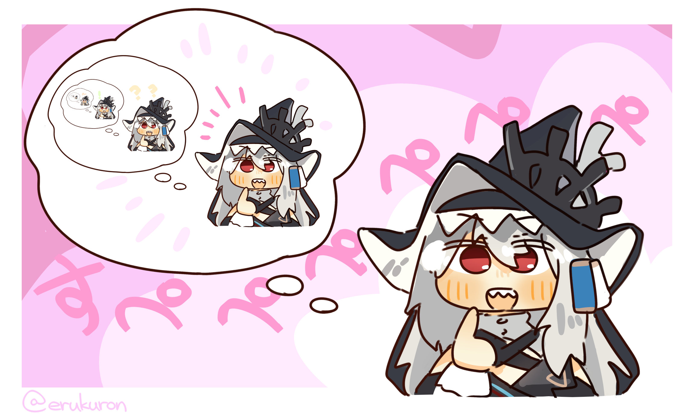 1girl arknights black_dress black_veil chibi dress grey_eyes hat highres lcron pointing pointing_at_self recursion red_eyes sharp_teeth solo specter_(arknights) teeth thinking veil witch_hat