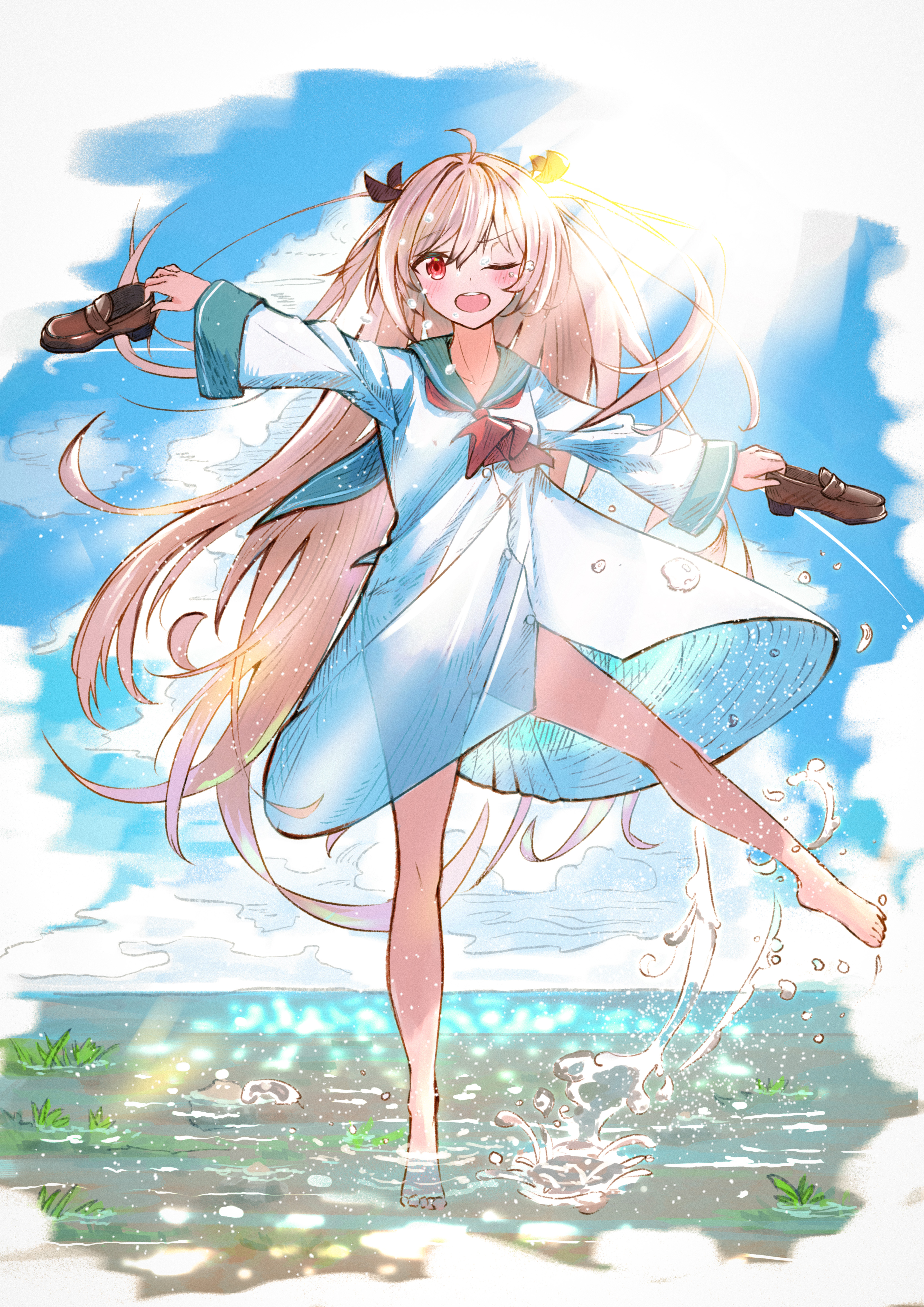 1girl ;d absurdres ahoge ascot atri atri-my_dear_moments- barefoot black_bow blue_sailor_collar blue_sky blush bow brown_hair buttons cloud commentary_request day dress floating_hair full_body hair_between_eyes hair_bow hair_intakes happy highres holding holding_shoes loafers long_hair long_sleeves looking_at_viewer ocean one_eye_closed open_mouth outdoors outstretched_arms pokemongundam red_ascot red_eyes sailor_collar sailor_dress see-through_clothes see-through_dress shoes short_dress sky smile solo splashing standing standing_on_one_leg sunlight teeth two_side_up upper_teeth_only very_long_hair water water_drop white_dress wide_sleeves